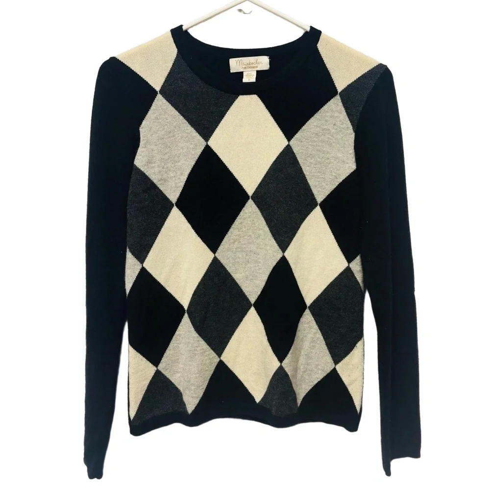 Mainbocher‎ Women's Small Cashmere Argyle Crewneck Sweater Black Gray Cream